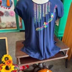 Navy Embroidered Short Sleeve Top